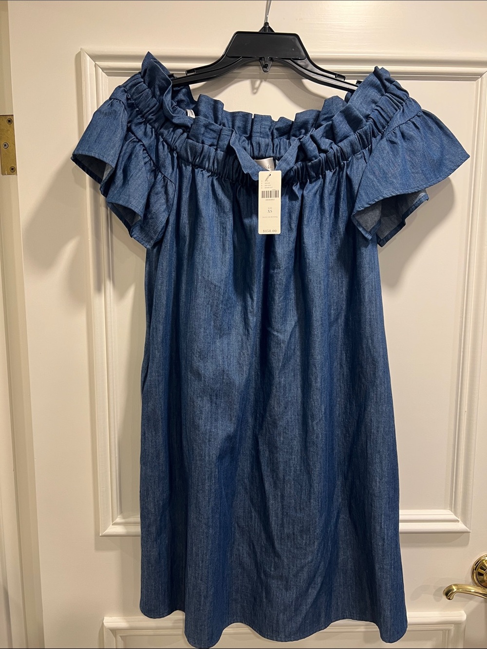 Corey Lynn Calter Denim Off-Shoulder Mini pocketed Dress in Blue